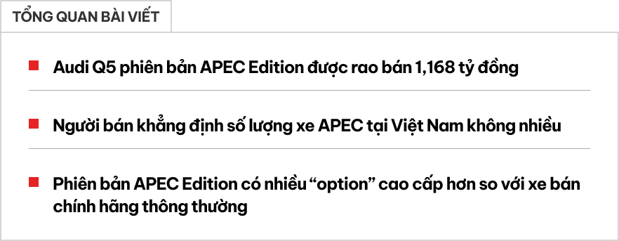 Audi Q5 APEC Edition rao bán giá gần 1,2 tỷ đồng: Bản giới hạn chỉ khoảng 50 xe, ghế da lộn, loa B&O, treo khí nén, có logo đặc biệt- Ảnh 1.