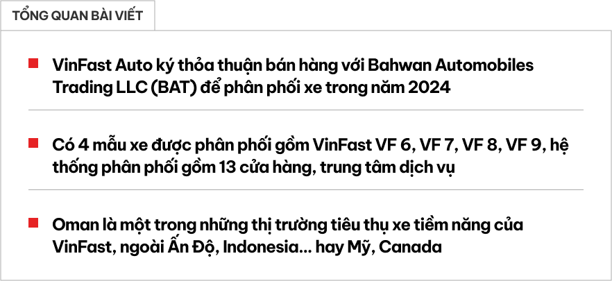 VinFast chơi lớn ở Trung Đông: Sắp bán loạt xe tại quốc gia 'chơi' siêu xe top thế giới, tính mở 13 cửa hàng, xưởng dịch vụ - Ảnh 1.