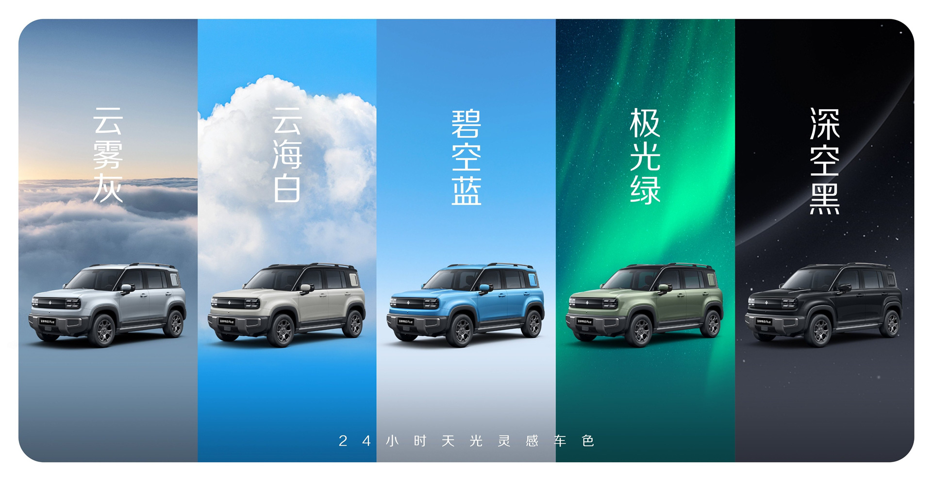 Về phối màu, Baojun Yep Plus 2024 có 5 tùy chọn màu mới gồm Cloud Gray, Sea of Clouds White, Sky Blue, Aurora Green và Space Black - Ảnh: SAIC