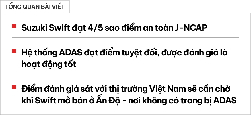 Suzuki Swift nhận điểm an toàn gần như cao nhất, nhưng không chắc giữ được khi về Việt Nam bởi lý do này - Ảnh 1.