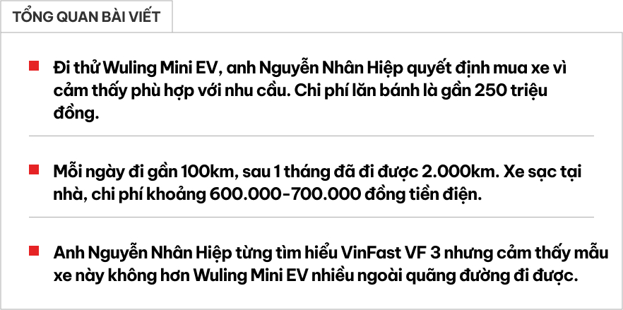 Mua Wuling Mini EV cho vợ, chủ xe chia sẻ: 'Từng quan tâm VinFast VF 3 nhưng nhận thấy không hơn quá nhiều'- Ảnh 1.
