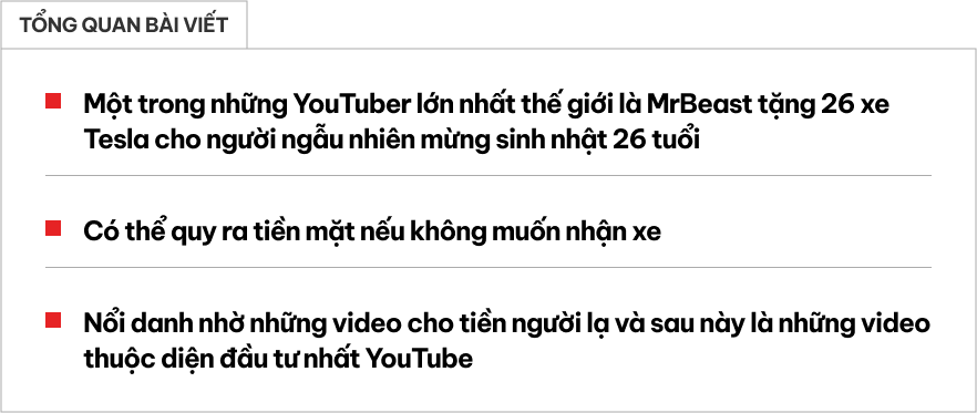 Bước sang tuổi 26, một trong những YouTuber lớn nhất thế giới tặng ngẫu nhiên 26 xe Tesla cho người lạ toàn cầu - Ảnh 1.