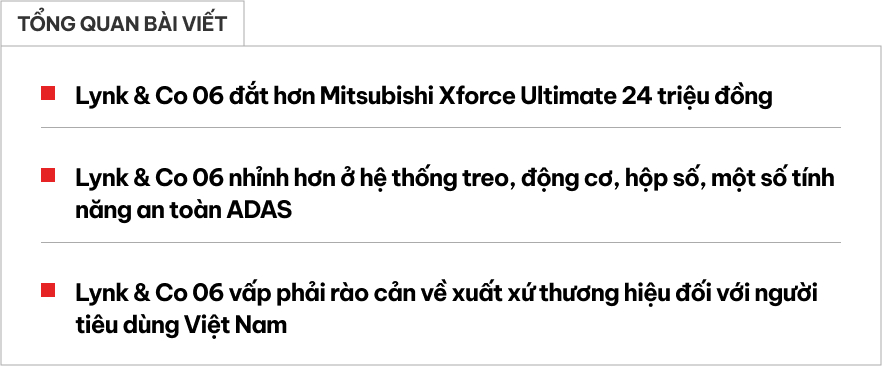 So sánh Lynk & Co 06 vs Mitsubishi Xforce Ultimate: Chênh 24 triệu, xe Trung Quốc nhiều option hay xe Nhật sẵn niềm tin?- Ảnh 1.