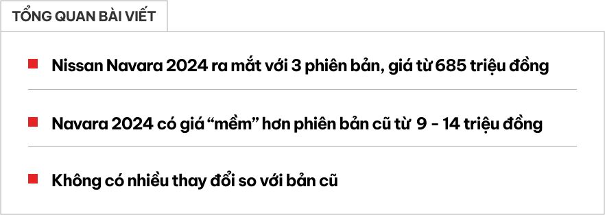 Nissan Navara 2024 ra mắt Việt Nam: Thêm phiên bản, chỉ còn từ 685 triệu đồng, cạnh tranh Ranger bằng giá mềm hơn bản cũ- Ảnh 1.