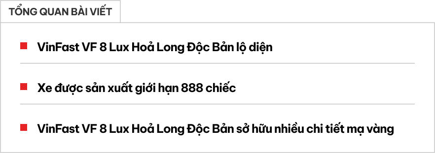 Cận cảnh VinFast VF 8 Lux Hỏa Long Độc Bản: Nhiều chi tiết mạ vàng, giới hạn 888 chiếc- Ảnh 1.