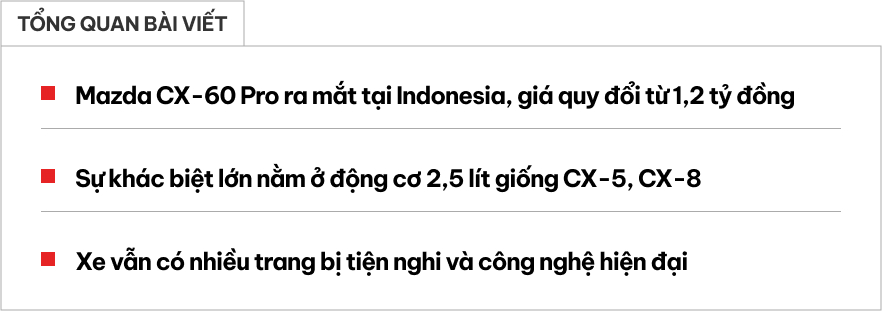 Xe ‘cận sang’ Mazda CX-60 thêm bản ‘giá rẻ’ trong ĐNÁ: Quy đổi từ 1,2 tỷ đồng, vẫn giữ nhiều trang bị xịn, động cơ giống CX-5- Ảnh 1.