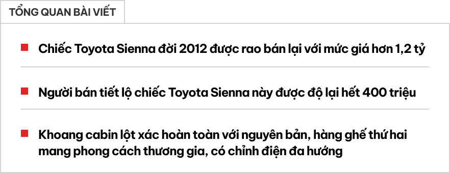 Toyota Sienna 2012 rao bán hơn 1,2 tỷ đồng: MPV gia đình giá ngang Kia Carnival nhưng to hơn, riêng nội thất độ hết 400 triệu- Ảnh 1.