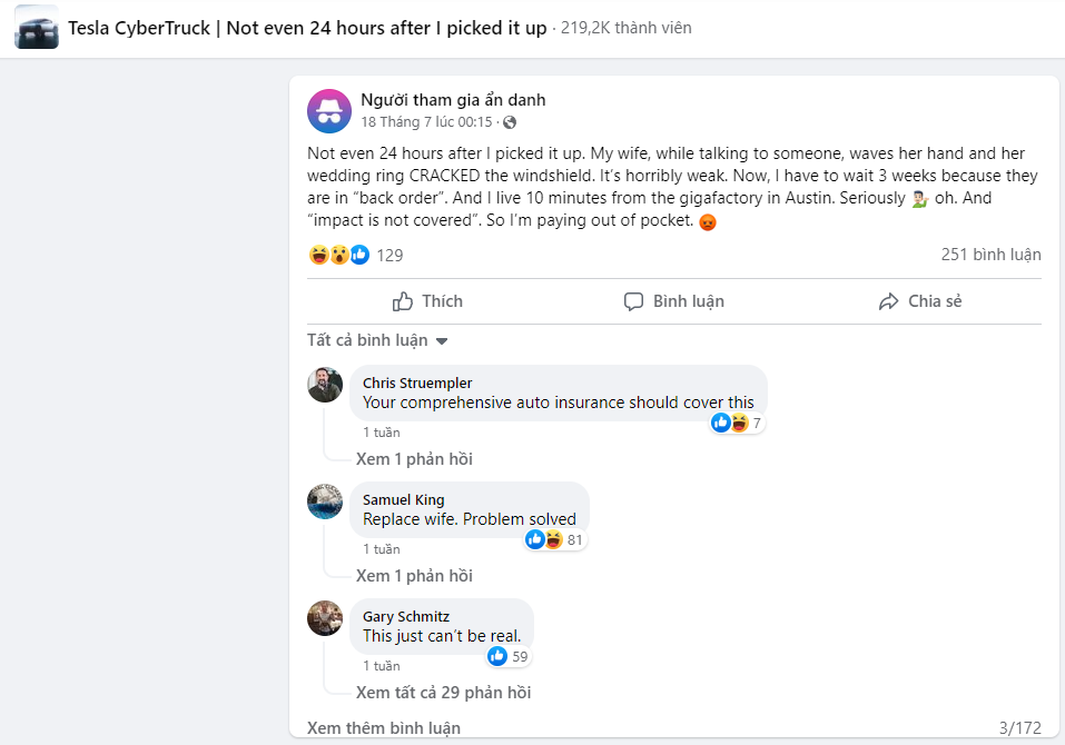 Chưa đầy 24 giờ sau khi nhận xe Tesla Cybertruck, anh chồng "khóc ròng" vì vợ chỉ vẩy tay là làm xước kính xe- Ảnh 1.