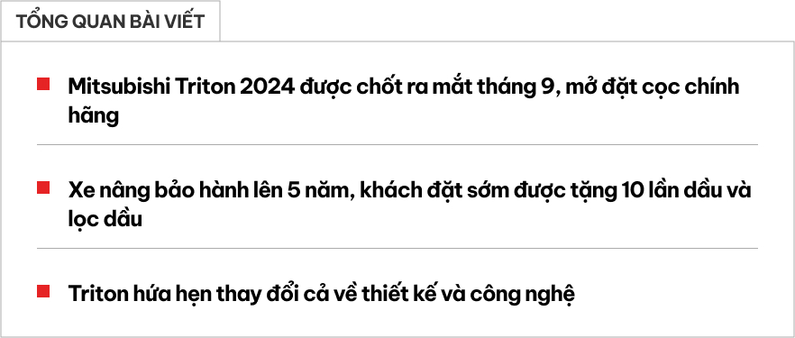 Mitsubishi Triton 2024 chốt ra mắt Việt Nam tháng sau: Tăng bảo hành, giảm phí bảo dưỡng trong 5 năm, thêm công nghệ đấu Ranger- Ảnh 1.