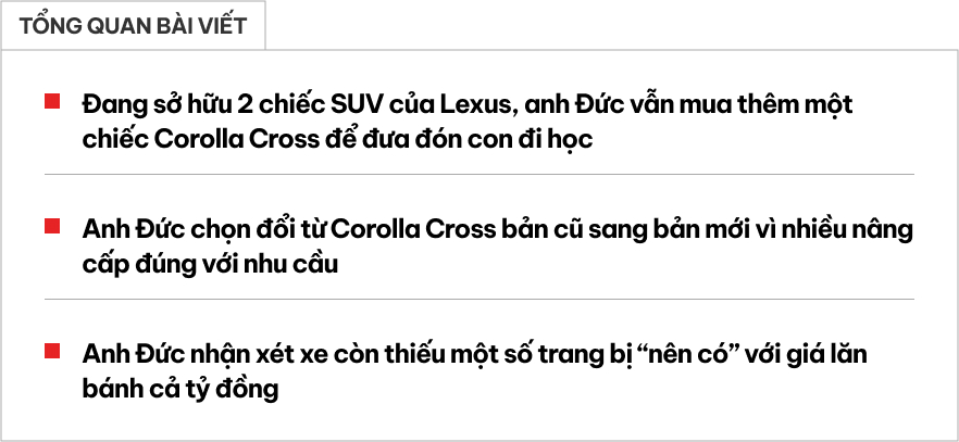 Có 2 chiếc Lexus vẫn mua thêm 2 đời Toyota Corolla Cross, bác sĩ chia sẻ: ‘Đưa đón con tiện, an toàn, êm giống xe điện’- Ảnh 1.