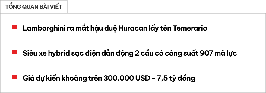 Lamborghini Temerario ra mắt: Đàn em Huracan, siêu xe hybrid mạnh hơn 900 mã lực, giá quy đổi từ 7,5 tỷ đồng- Ảnh 1.