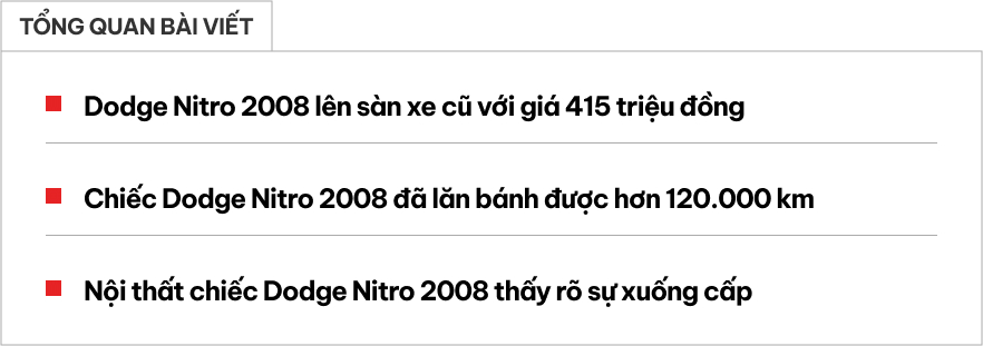 'Xe hiếm' Dodge Nitro bán lại sau 16 năm: Giá rẻ ngang Morning, từng góp mặt trong nhóm ô tô tệ nhất, ông Đặng Lê Nguyên Vũ cũng sở hữu 1 chiếc- Ảnh 1.