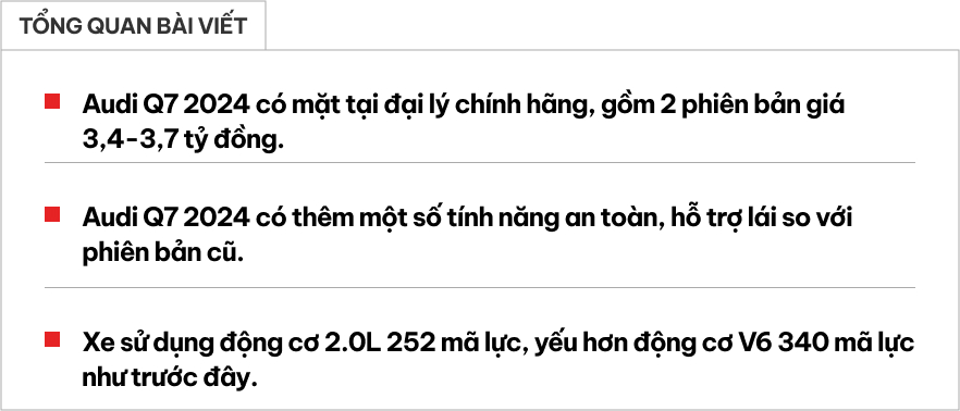 Audi Q7 2024 về đại lý: Thêm tính năng an toàn nhưng máy 'yếu' hơn trước, giá từ 3,4 tỷ đồng- Ảnh 1.