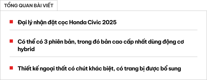 Honda Civic 2025 nhận cọc tại Việt Nam: 3 bản, thiết kế mới, thêm động cơ hybrid cạnh tranh Corolla Altis- Ảnh 1.