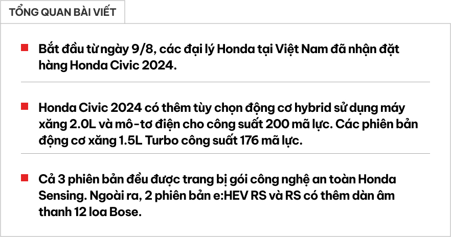 Honda Civic 2024 nhận đặt hàng: Bổ sung động cơ hybrid, có loa Bose, 3 bản đều có ADAS, giá chưa tiết lộ- Ảnh 1.