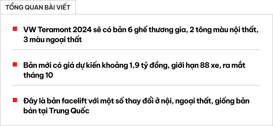 VW Teramont 2024 bản ‘Chủ tịch’ giá dự kiến 1,9 tỷ tại Việt Nam lộ thêm trang bị: Ghế thương gia, màn hình lớn, được chọn màu nội thất- Ảnh 1.