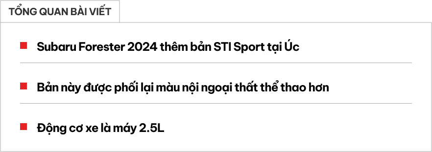 Subaru Forester STI Sport 2024 ra mắt: Giá quy đổi hơn 800 triệu đồng, nhiều chi tiết thể thao, máy 2.5L mạnh 182 mã lực- Ảnh 1.