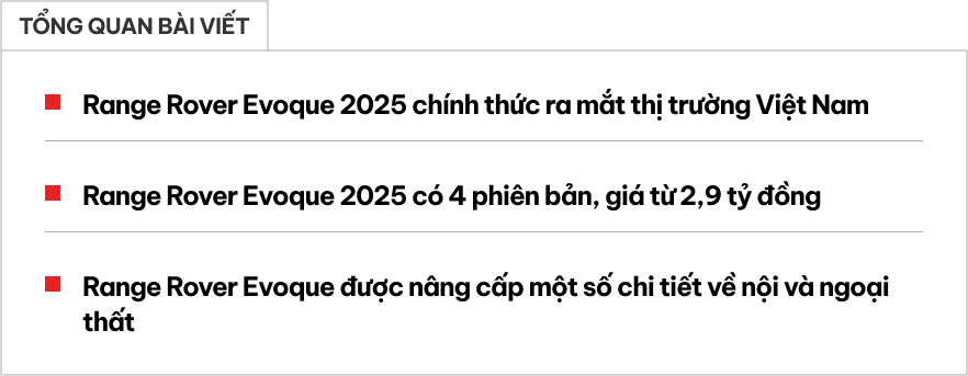 Range Rover Evoque 2025 ra mắt Việt Nam: Giá từ hơn 2,9 tỷ, thiết kế mới tối giản, động cơ hybrid, có AWD- Ảnh 1.