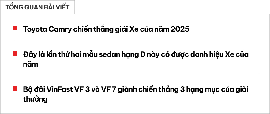 Xe của năm 2025: Toyota Camry giành giải Xe của năm, VinFast VF 3 có 'cú đúp' với 2 giải thưởng- Ảnh 1.