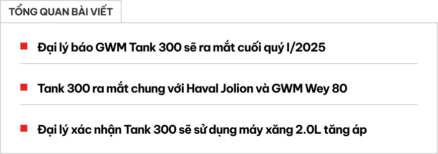 Đại lý báo Tank 300 ra mắt cuối quý I cùng bộ đôi nhà Haval: Giá cao nhất 1,8 tỷ, máy xăng 2.0L mạnh 227 mã lực, có ADAS- Ảnh 1.