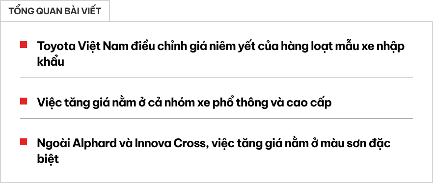 Xe Toyota nhập khẩu tăng giá: Alphard tăng tới 149 triệu, Innova Cross không còn rẻ hơn Custin, Corolla Cross sơn đỏ thành màu đặc biệt- Ảnh 1.