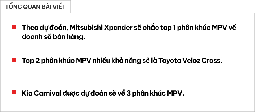 3 MPV dễ bán chạy nhất Việt Nam năm 2024: Xpander vẫn đầu bảng, Veloz Cross bỏ xa nhóm dưới- Ảnh 1.