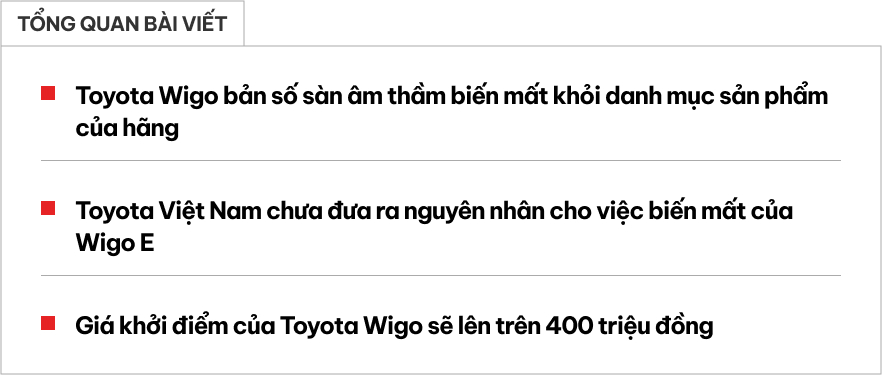 Toyota Wigo bản số sàn âm thầm biến mất khỏi danh mục sản phẩm: Khả năng 'nối gót' Rush và Yaris, giá khởi điểm nay 'nhảy' lên 405 triệu dễ bất lợi trước i10- Ảnh 1.