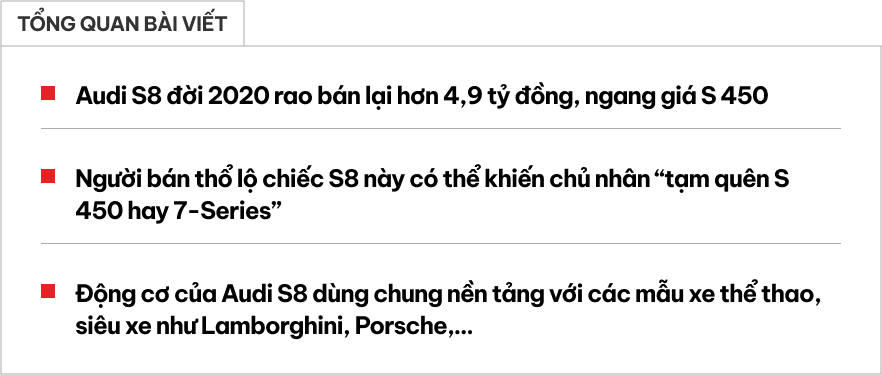 Hàng hiếm Audi S8 cũ rao bán: Giá chưa đến 5 tỷ đồng nhưng có trải nghiệm của siêu xe, người bán khẳng định 'tạm quên S-Class và 7 Series'- Ảnh 1. Hàng hiếm Audi S8 cũ rao bán: Giá chưa đến 5 tỷ đồng nhưng có trải nghiệm của siêu xe, người bán khẳng định 'tạm quên S-Class và 7 Series'- Ảnh 1.