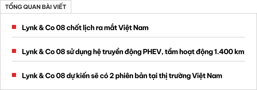Lynk & Co 08 chốt ra mắt Việt Nam tháng này: Dự kiến 2 bản, đều PHEV, chạy 1.400km với đầy bình xăng điện- Ảnh 1. Lynk & Co 08 chốt ra mắt Việt Nam tháng này: Dự kiến 2 bản, đều PHEV, chạy 1.400km với đầy bình xăng điện- Ảnh 1.