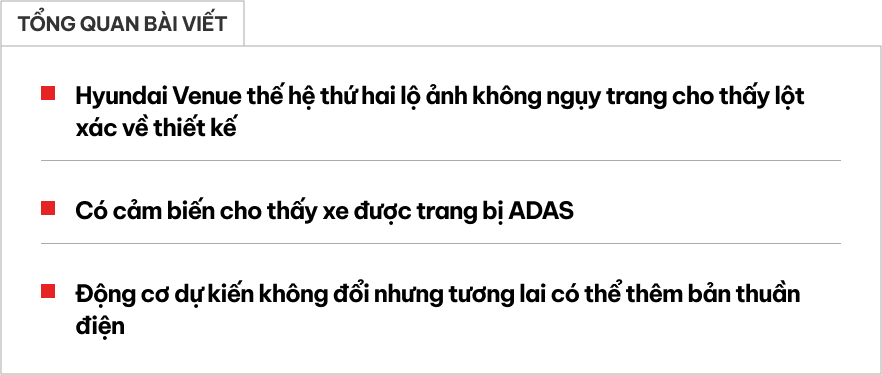 Hyundai Venue thế hệ mới lộ 'full' ngay trước thềm ra mắt: Như Tucson kết hợp Creta, ADAS, có chi tiết để lộ khả năng có bản thuần điện- Ảnh 1. Hyundai Venue thế hệ mới lộ 'full' ngay trước thềm ra mắt: Như Tucson kết hợp Creta, ADAS, có chi tiết để lộ khả năng có bản thuần điện- Ảnh 1.