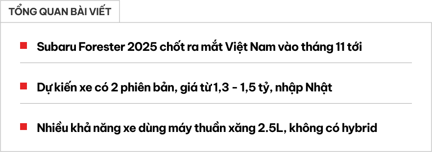 Subaru Forester 2025 chốt ra mắt tháng sau, đại lý báo có 2 bản, dự kiến từ 1,3 tỷ đồng ngang Santa Fe bản ‘full’- Ảnh 1. Subaru Forester 2025 chốt ra mắt tháng sau, đại lý báo có 2 bản, dự kiến từ 1,3 tỷ đồng ngang Santa Fe bản ‘full’- Ảnh 1.
