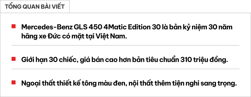 Cận cảnh Mercedes-Benz GLS 450 bản kỷ niệm 30 năm tại Việt Nam: Giới hạn 30 chiếc, giá tăng hơn 300 triệu đồng, ngoại thất khác biệt, thêm tiện nghi hàng ghế 2- Ảnh 1. Cận cảnh Mercedes-Benz GLS 450 bản kỷ niệm 30 năm tại Việt Nam: Giới hạn 30 chiếc, giá tăng hơn 300 triệu đồng, ngoại thất khác biệt, thêm tiện nghi hàng ghế 2- Ảnh 1.