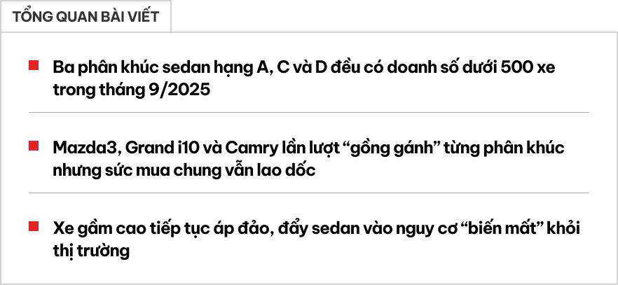 Cả tháng bán không nổi 500 chiếc, 3 nhóm xe gầm thấp này thất thế rõ tại Việt Nam: Mazda3, Grand i10 gồng gánh cả phân khúc, Camry gần ‘một mình một chợ’- Ảnh 1.