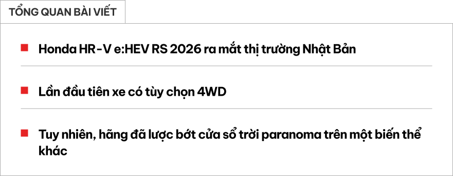 Honda HR-V e:HEV RS 2026 ra mắt: Lần đầu có 4WD, bỏ cửa sổ trời trên một biến thể, nhưng về Việt Nam cũng không quá tiếc vì vốn... không có- Ảnh 1.