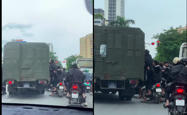 Nhóm thanh niên 'đầu trần' đi mô tô bám theo xe chở phạm nhân gây xôn xao trên phố Hà Nội- Ảnh 1. Nhóm thanh niên 'đầu trần' đi mô tô bám theo xe chở phạm nhân gây xôn xao trên phố Hà Nội- Ảnh 1.