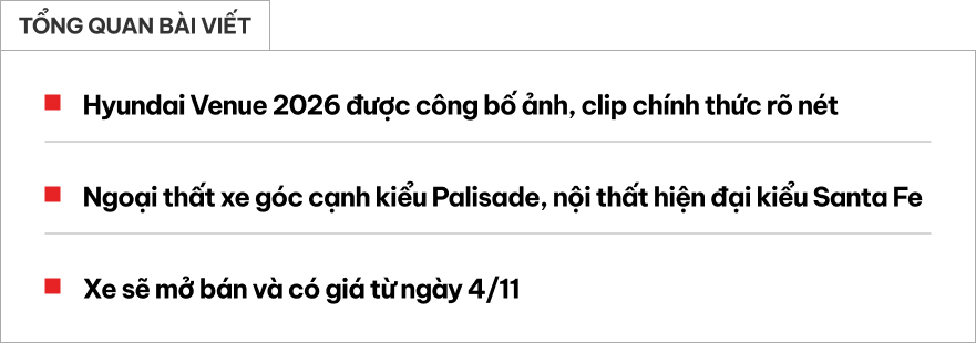 Hyundai Venue 2026 có loạt ảnh, clip chính thức: Mặt trước như Palisade, nội thất kiểu Santa Fe, dễ sớm về Việt Nam đấu Fronx, Sonet- Ảnh 1.