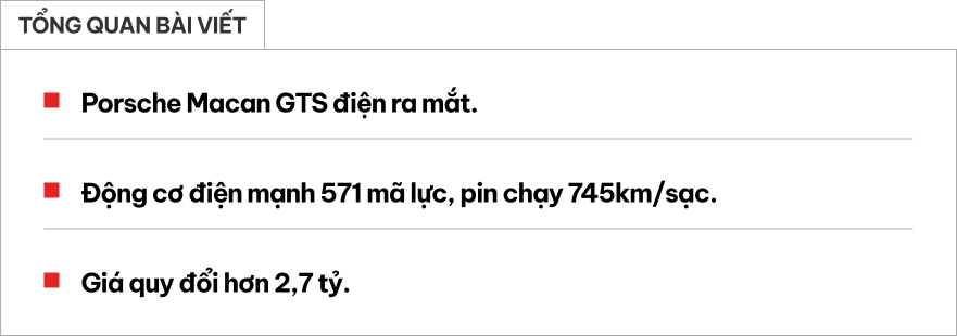 Porsche Macan thêm bản GTS thể thao: Giá quy đổi hơn 2,7 tỷ đồng, động cơ điện mạnh 563 mã lực, chạy Hà Nội - Đà Nẵng không cần sạc- Ảnh 1.