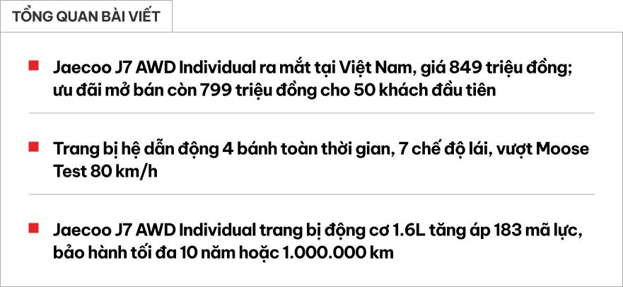 Jaecoo J7 AWD Individual chính thức ra mắt tại Việt Nam: Giá ưu đãi 799 triệu đồng, thêm hệ dẫn động 4 bánh- Ảnh 1. Jaecoo J7 AWD Individual chính thức ra mắt tại Việt Nam: Giá ưu đãi 799 triệu đồng, thêm hệ dẫn động 4 bánh- Ảnh 1.