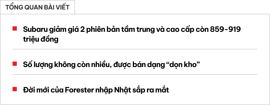 Subaru Forester giảm giá mạnh tại đại lý, dọn kho chờ đời mới sắp ra mắt: Bản đắt nhất còn 919 triệu đồng, ‘dễ thở’ hơn trước CX-5, Territory- Ảnh 1.