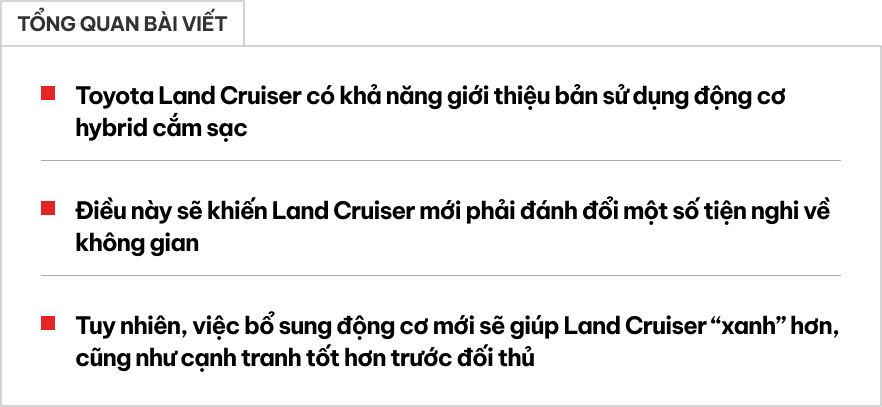 Toyota Land Cruiser sắp có phiên bản hybrid cắm sạc: Dự kiến mạnh hơn hẳn hiện tại, song có thể đánh đổi mất hàng ghế thứ ba, cốp nhỏ hơn- Ảnh 1.