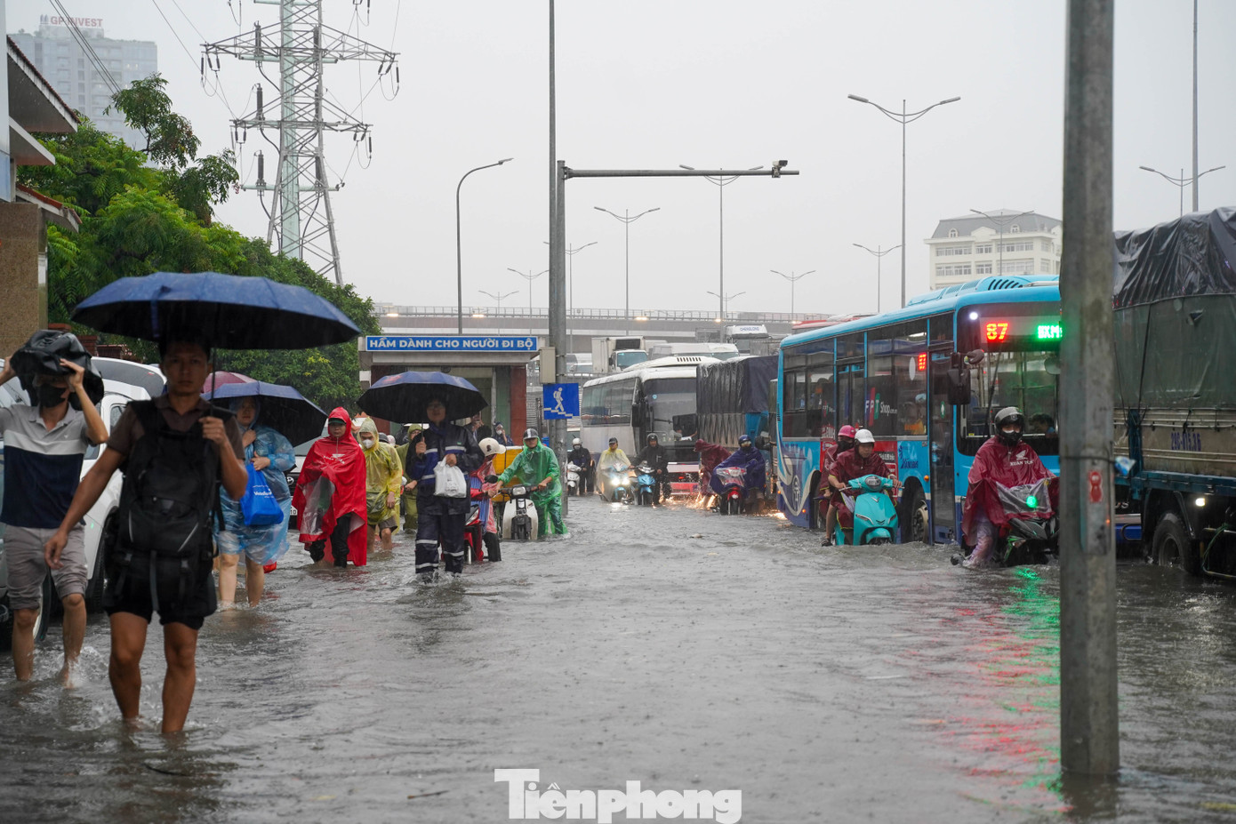 Hà Nội phố thành sông, giao thông tê liệt, xe máy 'rồng rắn' leo cao tốc giữa biển nước- Ảnh 5.