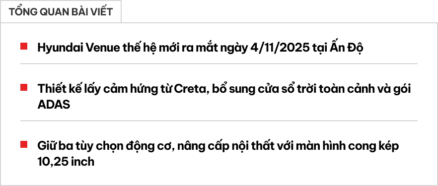 Hyundai Venue 2026 chốt ra mắt tháng sau: Nội thất lột xác, sẽ thêm ADAS cạnh tranh Raize, Sonet- Ảnh 1.