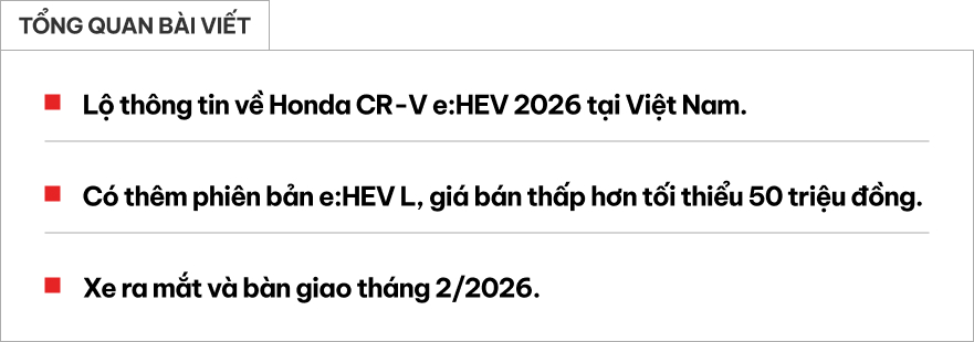 Lộ thông tin Honda CR-V e:HEV 2026 sắp bán tại Việt Nam: Cụm cần số phím bấm, thêm bản giá rẻ cho người thích xe hybrid, bán ra ngay tháng 2- Ảnh 1. Lộ thông tin Honda CR-V e:HEV 2026 sắp bán tại Việt Nam: Cụm cần số phím bấm, thêm bản giá rẻ cho người thích xe hybrid, bán ra ngay tháng 2- Ảnh 1.
