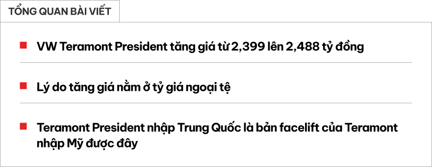 VW Teramont bản ‘Chủ tịch’ giá mới 2,488 tỷ đồng tại Việt Nam: Đắt gần bằng 2 chiếc Palisade cùng cỡ, lý do không đến từ trang bị- Ảnh 1.