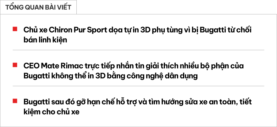 Chủ siêu xe Bugatti đòi tự in 3D phụ tùng để sửa sau tai nạn, CEO hãng phải trực tiếp nhắn tin để can thiệp- Ảnh 1.