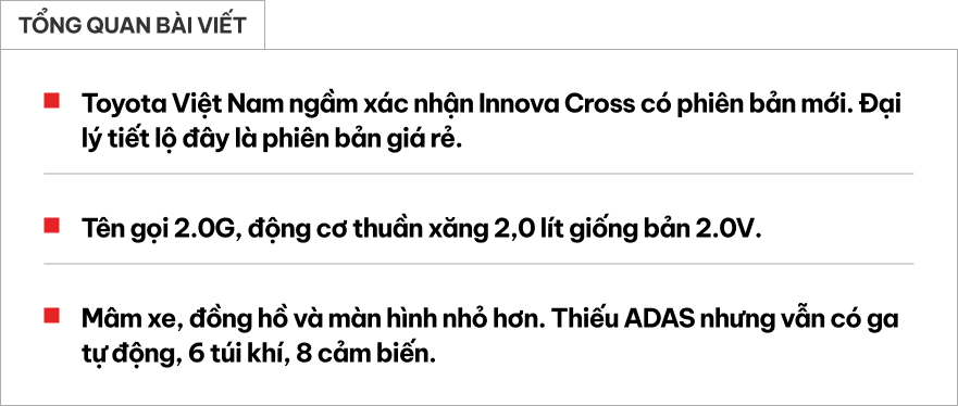 Lộ thông tin Toyota Innova Cross bản giá rẻ: Thấp hơn 755 triệu, mâm xe, đồng hồ và màn hình nhỏ hơn, không ADAS nhưng có ga tự động, 6 túi khí, 8 cảm biến- Ảnh 1.