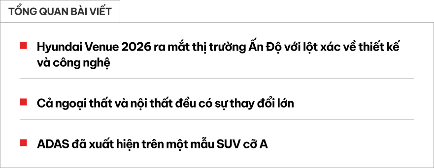 Hyundai Venue 2026 ra mắt: Thiết kế và nội thất "lột xác", ADAS cải tiến 60 điểm, chưa có bản hybrid- Ảnh 1. Hyundai Venue 2026 ra mắt: Thiết kế và nội thất "lột xác", ADAS cải tiến 60 điểm, chưa có bản hybrid- Ảnh 1.