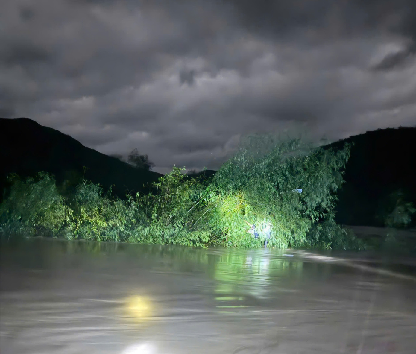 Ô tô bị cuốn trôi, hai người bám vào bụi tre kẹt giữa dòng lũ- Ảnh 1.