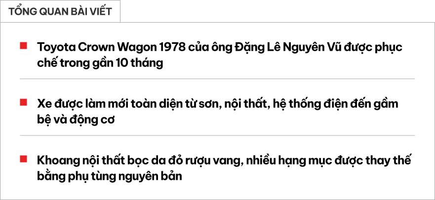 Toyota Crown Wagon 1978 của ông Đặng Lê Nguyên Vũ ‘hồi sinh’: Mất 10 tháng trùng tu, nội thất đỏ rượu vang và hàng loạt chi tiết chế tác thủ công- Ảnh 1. Toyota Crown Wagon 1978 của ông Đặng Lê Nguyên Vũ ‘hồi sinh’: Mất 10 tháng trùng tu, nội thất đỏ rượu vang và hàng loạt chi tiết chế tác thủ công- Ảnh 1.