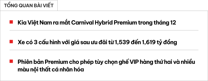 Kia Carnival Hybrid thêm bản Premium tại Việt Nam: Giá từ 1,539 tỷ đồng, thêm bản ghế VIP và cá nhân hóa nội thất, quyết đấu VW Viloran- Ảnh 1. Kia Carnival Hybrid thêm bản Premium tại Việt Nam: Giá từ 1,539 tỷ đồng, thêm bản ghế VIP và cá nhân hóa nội thất, quyết đấu VW Viloran- Ảnh 1.